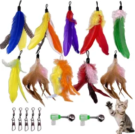 10 Pieces Cat Feather Toy Refills,Cat Wand Replacement Feathers Toys with Clip & Removable Bell,Wand Attachment Feather Toys for Indoor Cats