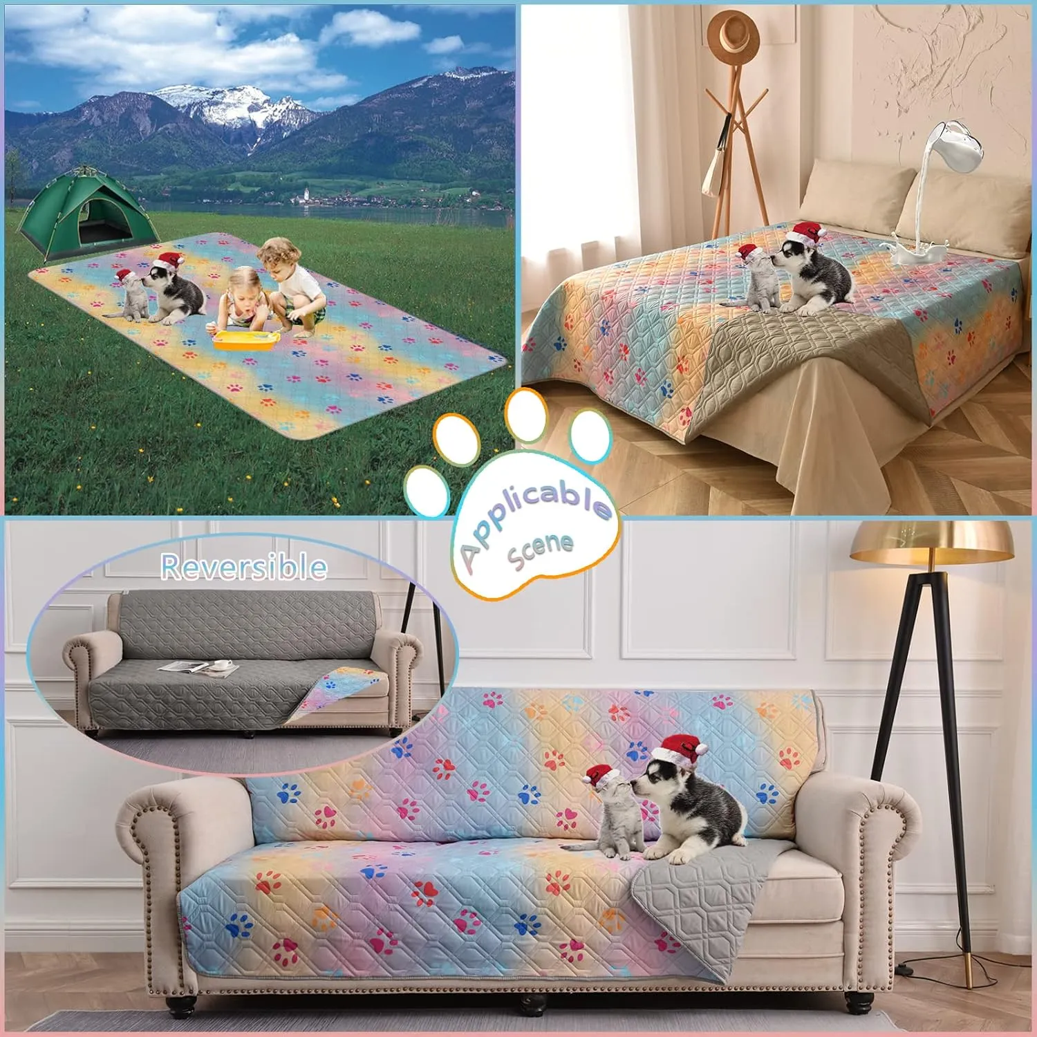 100% Waterproof Dog Bed Cover 102x82 in Reversible Changing Pad Reusable Camping Mat for Kids/Pet/Dog/Cat Washable Geometric Embroidery Blanket Patchwork Rainbow Dog Paw Printed Gray
