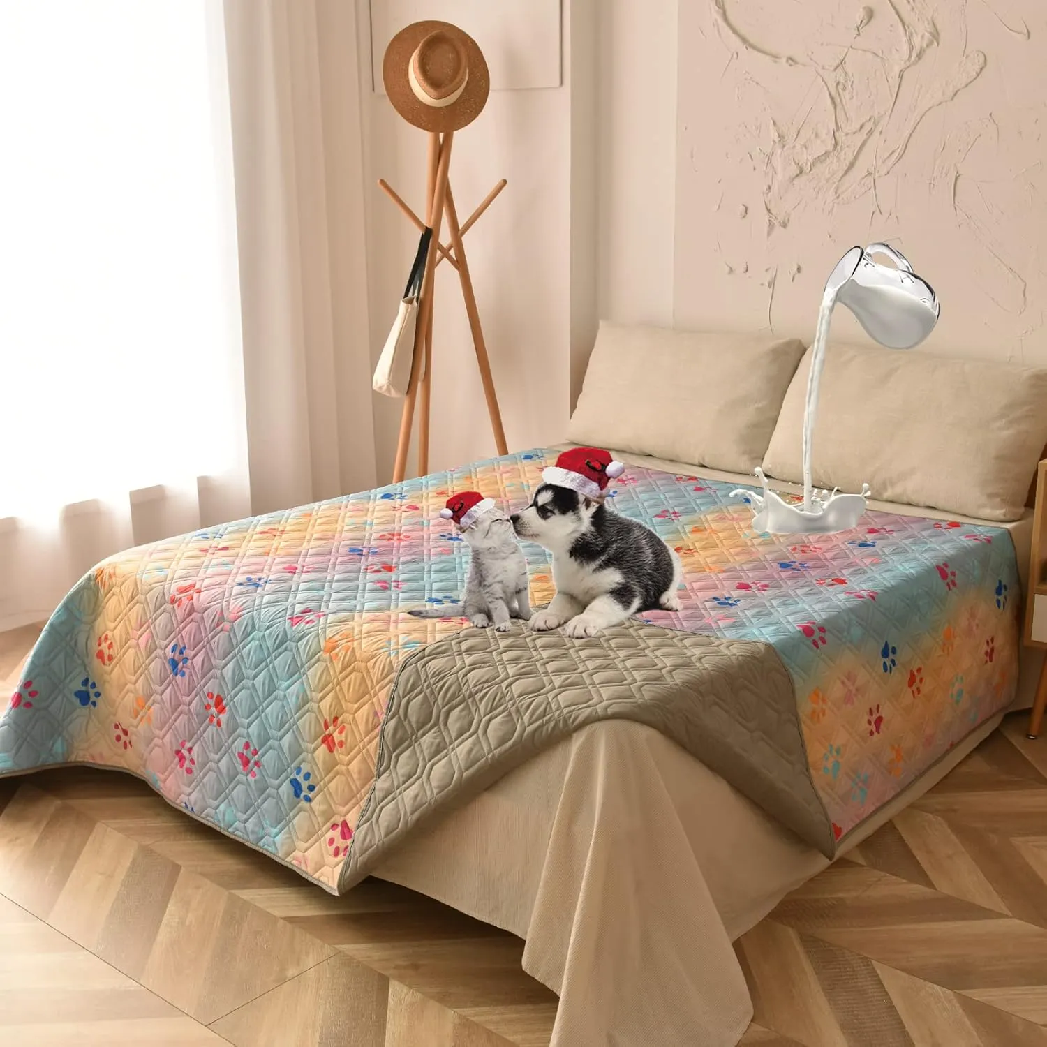 100% Waterproof Dog Bed Cover 102x82 in Reversible Changing Pad Reusable Camping Mat for Kids/Pet/Dog/Cat Washable Geometric Embroidery Blanket Patchwork Rainbow Dog Paw Printed Gray