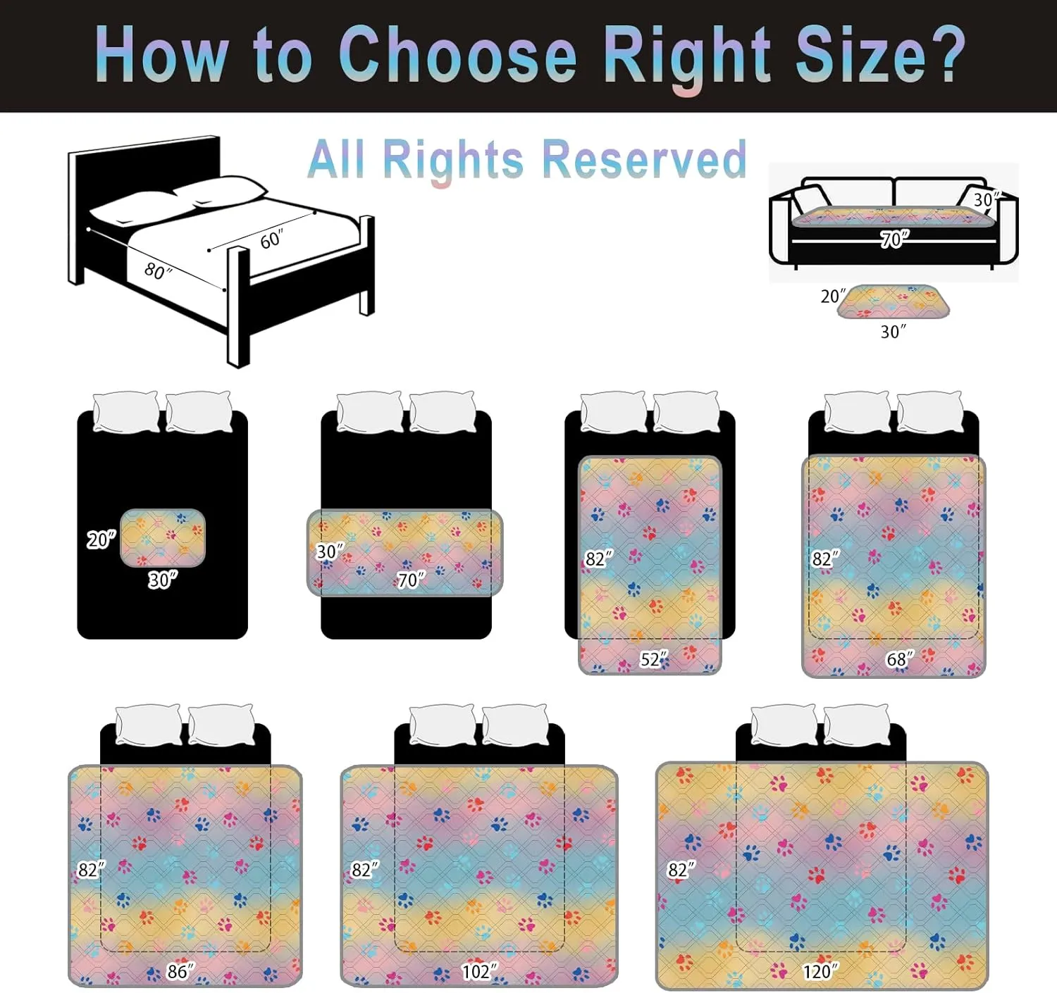 100% Waterproof Dog Bed Cover 102x82 in Reversible Changing Pad Reusable Camping Mat for Kids/Pet/Dog/Cat Washable Geometric Embroidery Blanket Patchwork Rainbow Dog Paw Printed Gray