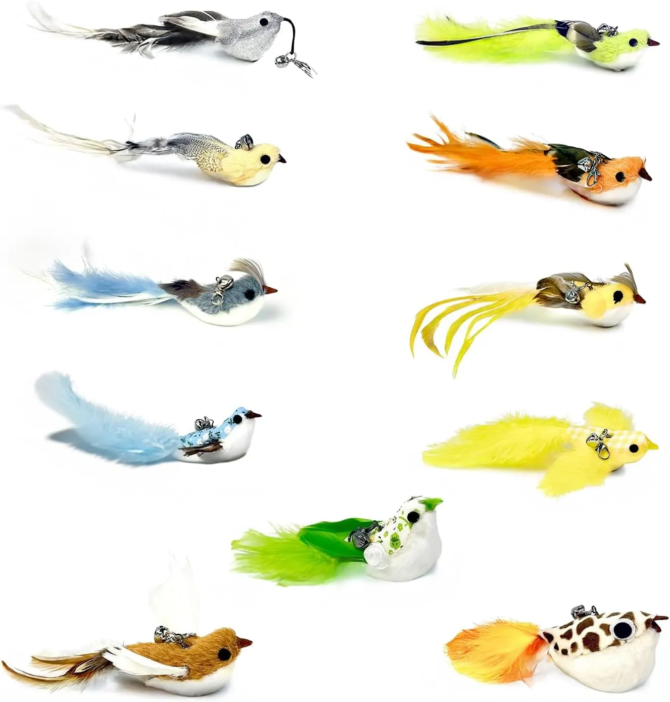 11-Piece Multi-Functional Cat Toy Replacement Heads  Realistic Handmade Bird Teasers with Bells & Detachable Clip, for Interactive Play, Indoor Enrichment & Home Decoration