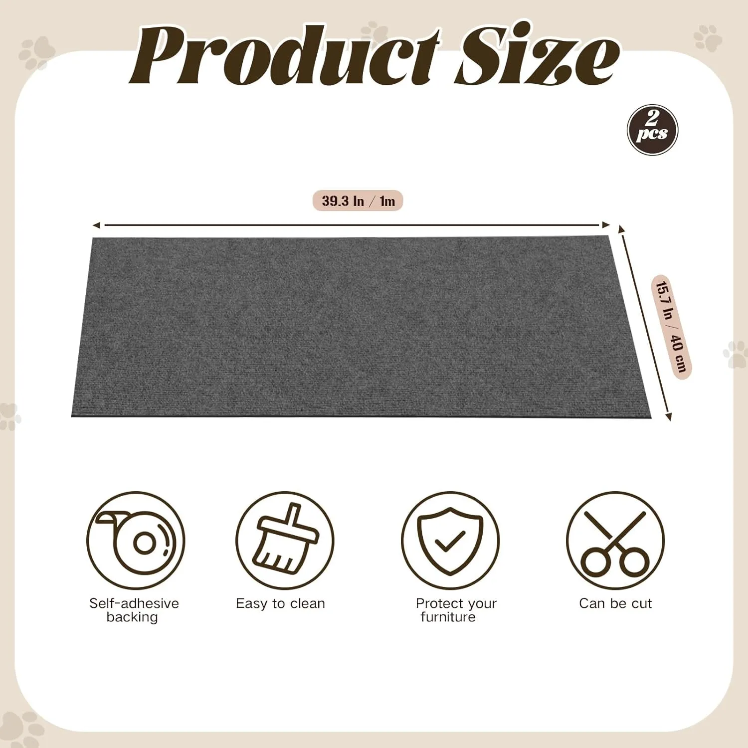2 Pcs Self Adhesive Cat Scratch Mats Trimmable DIY Pet Scratcher Pads for Couch, Wall, Doors & Furniture Protection Cat Replacement Mat for Protecting Furniture 39.3x15.7, Grey