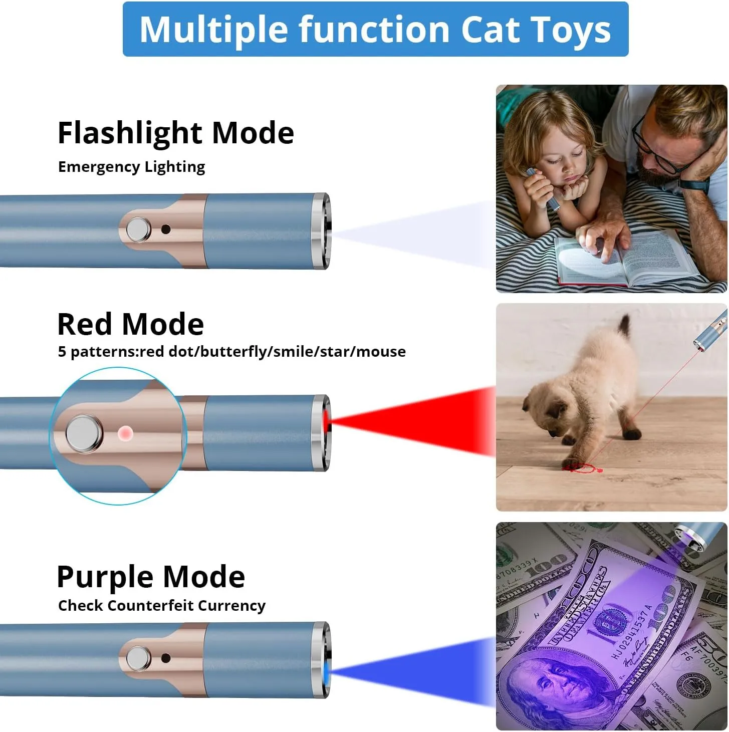 2 Pieces Cat Toy, USB Rechargeable, Long Range 5 Modes, Interactive Kitten Dog Cat Mouse Toy for Indoor (Sky Blue