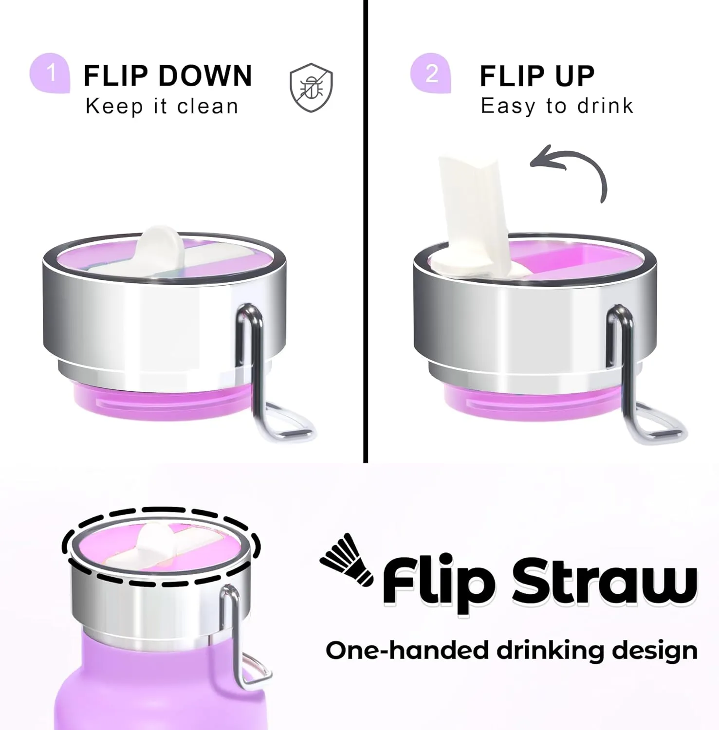 24 oz Insulated Slim Water Bottle with Flip Straw and Handle, Stainless Steel Water Bottles, Fits Car CupHolder, 100% Leak Proof, Keeps Drink Cold Up to 24 Hours, Sports/Gift (Fantasy Purple)