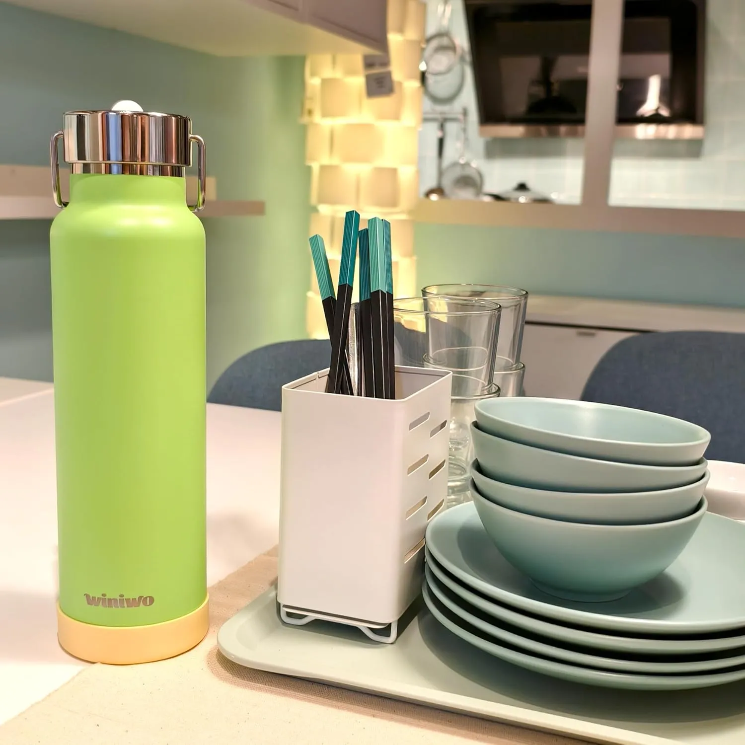 24 oz Insulated Slim Water Bottle with Flip Straw and Handle, Stainless Steel Water Bottles, Fits Car CupHolder, 100% Leak Proof, Keeps Drink Cold Up to 24 Hours, Sports/Gift (Jelly Green)