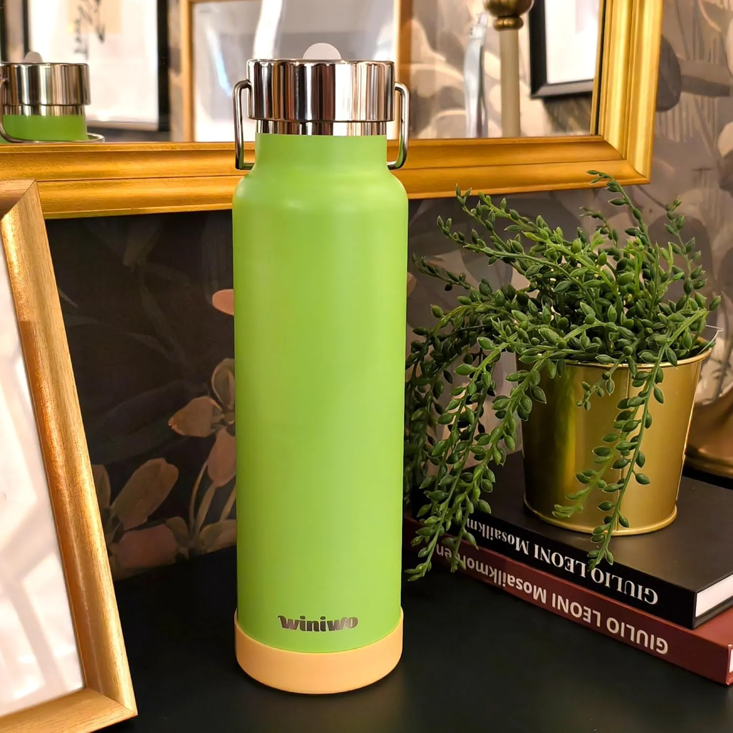 24 oz Insulated Slim Water Bottle with Flip Straw and Handle, Stainless Steel Water Bottles, Fits Car CupHolder, 100% Leak Proof, Keeps Drink Cold Up to 24 Hours, Sports/Gift (Jelly Green)