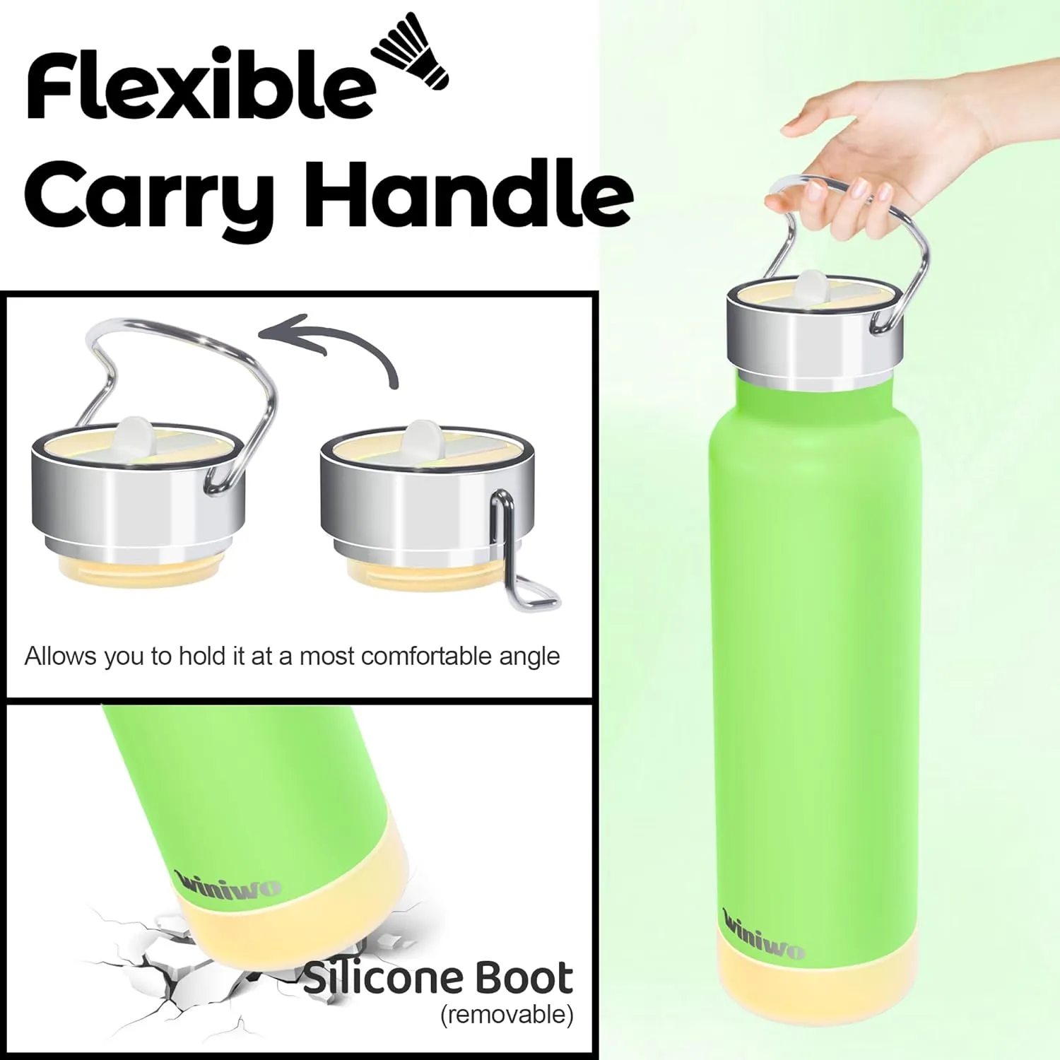 24 oz Insulated Slim Water Bottle with Flip Straw and Handle, Stainless Steel Water Bottles, Fits Car CupHolder, 100% Leak Proof, Keeps Drink Cold Up to 24 Hours, Sports/Gift (Jelly Green)