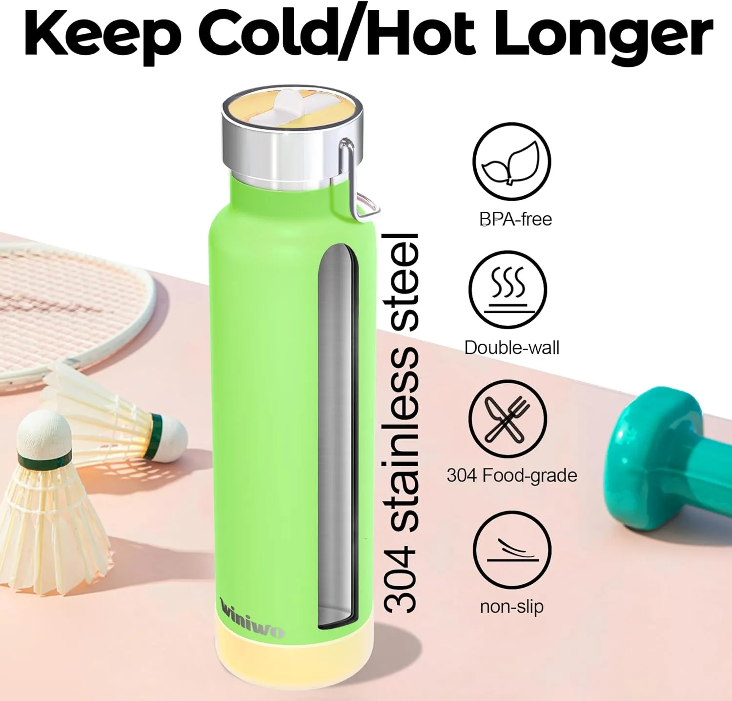 24 oz Insulated Slim Water Bottle with Flip Straw and Handle, Stainless Steel Water Bottles, Fits Car CupHolder, 100% Leak Proof, Keeps Drink Cold Up to 24 Hours, Sports/Gift (Jelly Green)