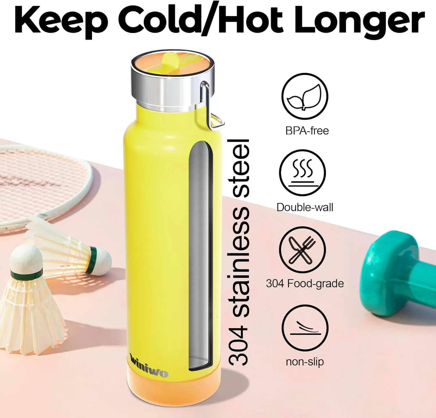 24 oz Insulated Slim Water Bottle with Flip Straw and Handle, Stainless Steel Water Bottles, Fits Car CupHolder, 100% Leak Proof, Keeps Drink Cold Up to 24 Hours, Sports/Gift (Power Yellow)