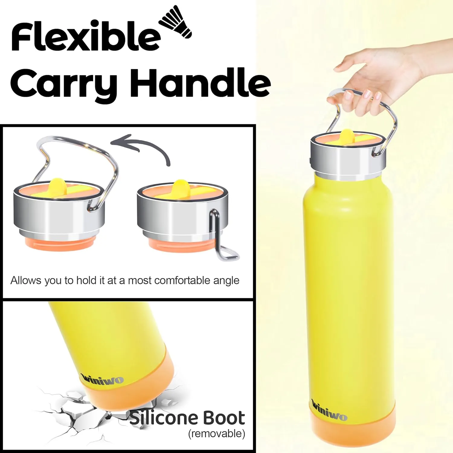 24 oz Insulated Slim Water Bottle with Flip Straw and Handle, Stainless Steel Water Bottles, Fits Car CupHolder, 100% Leak Proof, Keeps Drink Cold Up to 24 Hours, Sports/Gift (Power Yellow)