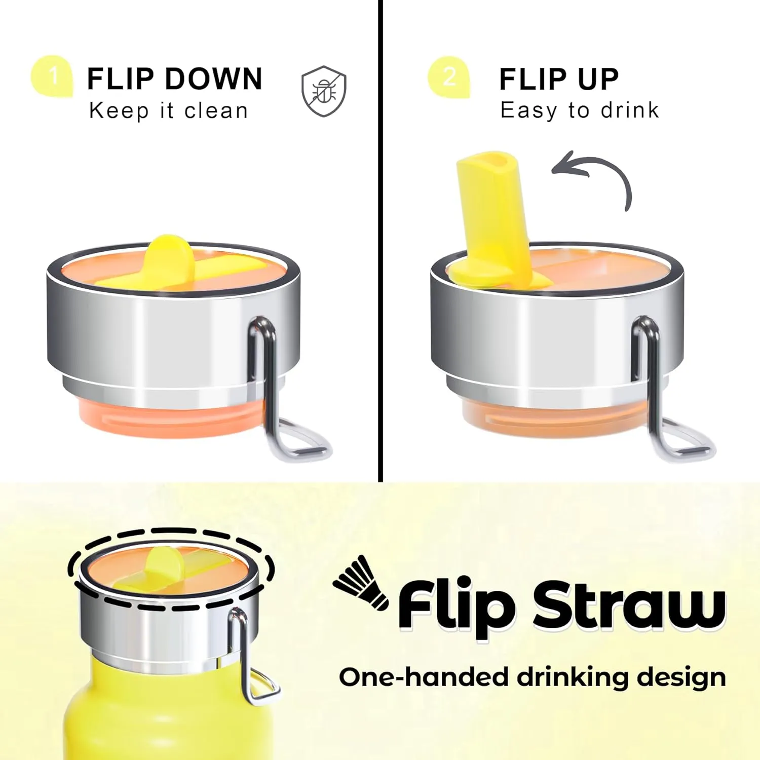 24 oz Insulated Slim Water Bottle with Flip Straw and Handle, Stainless Steel Water Bottles, Fits Car CupHolder, 100% Leak Proof, Keeps Drink Cold Up to 24 Hours, Sports/Gift (Power Yellow)