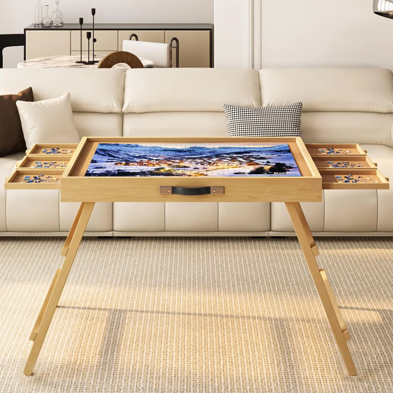 27.7" H Tall Puzzle Table with 6 Drawers, 1500 Pieces Jigsaw Puzzle Board with Folding Legs & Protective Cover - 34" x 26" Portable Table for Adults