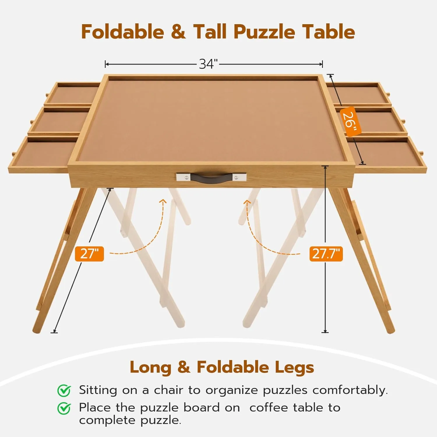 27.7" H Tall Puzzle Table with 6 Drawers, 1500 Pieces Jigsaw Puzzle Board with Folding Legs & Protective Cover - 34" x 26" Portable Table for Adults