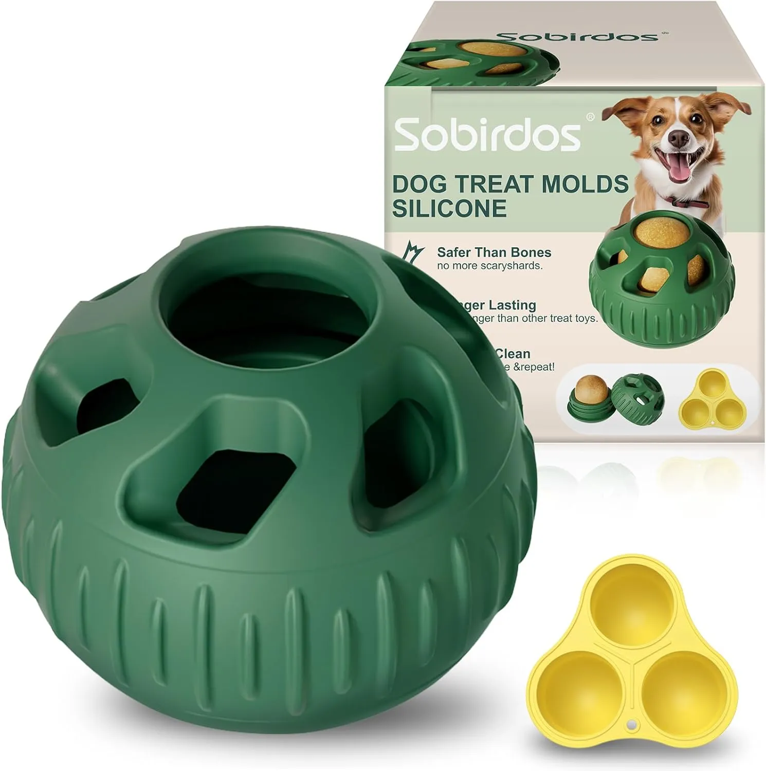 2pcs Dog Chew Toys with Silicone Tray Mold,Frozen Dog Food Snack Balls,Dog Treat Molds Silicone,Freezable Fillable Rubber Dog Toys,Green Balls and Yellow Molds