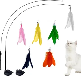 2Pcs Interactive Cat Toy Wand, Detachable Cat Toys Self Play with Strong Suction Cup, Automatic Kitten Toys with 6Pcs Cat Feather Toys Bell Refills for Indoor Cats