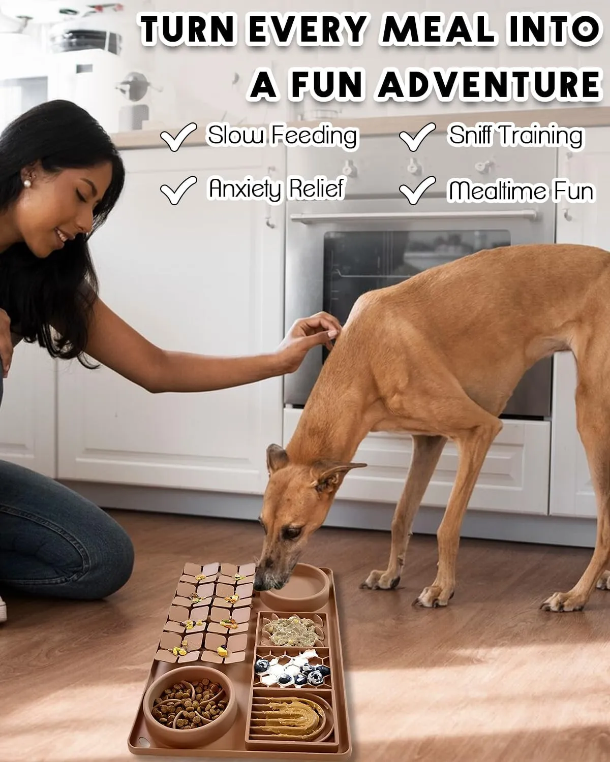 4-in-1 Silicone Snuffle Mat for Dogs, Dog Slow Feeder Bowl & Lick Mat with Suction Cups, Dog Puzzle Feeder Toy Sniff Mat for Smell Training Slow Eating Keeping Busy, Brown