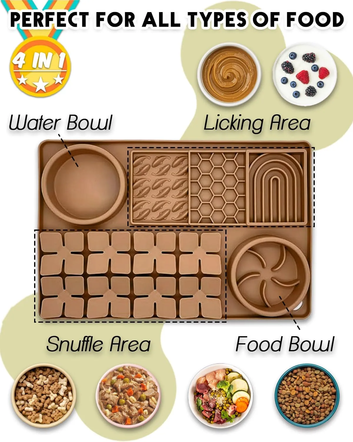 4-in-1 Silicone Snuffle Mat for Dogs, Dog Slow Feeder Bowl & Lick Mat with Suction Cups, Dog Puzzle Feeder Toy Sniff Mat for Smell Training Slow Eating Keeping Busy, Brown