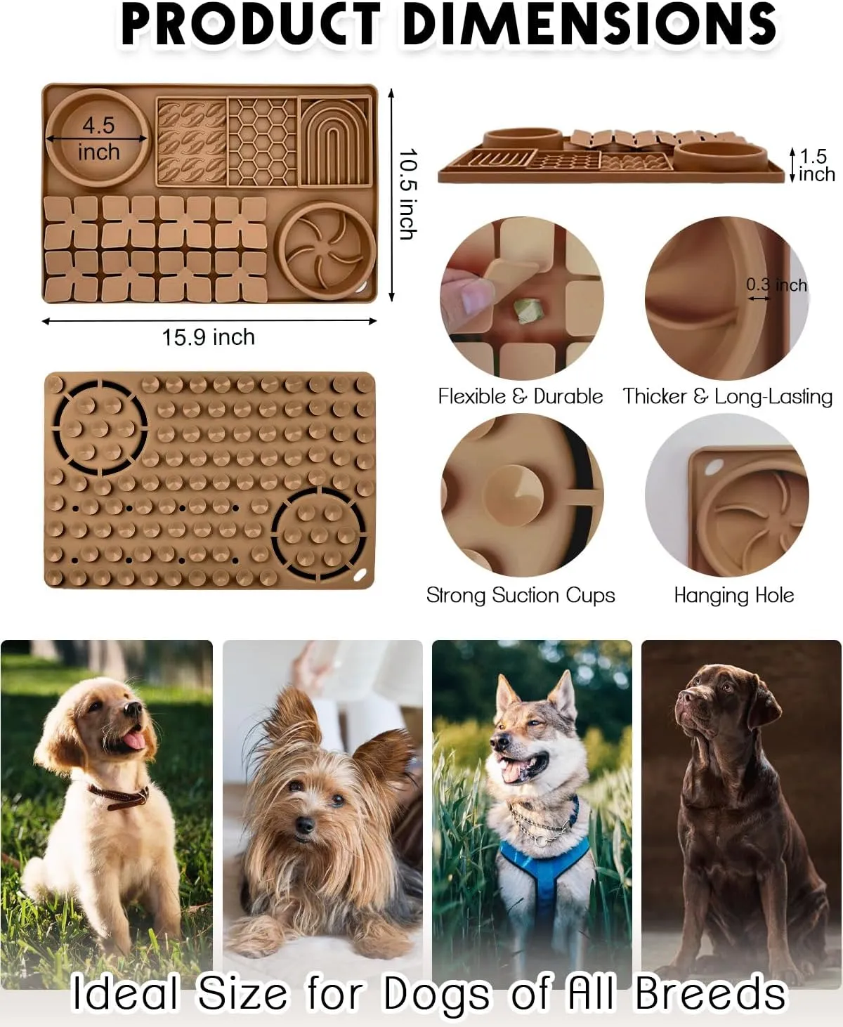 4-in-1 Silicone Snuffle Mat for Dogs, Dog Slow Feeder Bowl & Lick Mat with Suction Cups, Dog Puzzle Feeder Toy Sniff Mat for Smell Training Slow Eating Keeping Busy, Brown