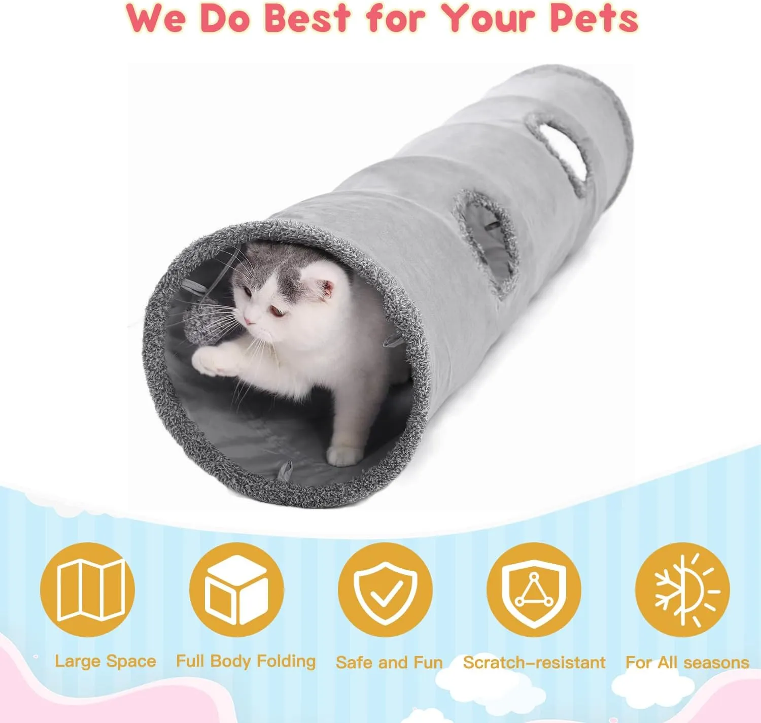51 Inches Extra Long Cat Tunnels for Indoor Cats, Collapsible Pet Play Tube with Cat Toys and Two Peek Holes, Cat Hideout Hideaway for Big Cats, Kittens, Bunny Rabbits, Ferrets, Puppy