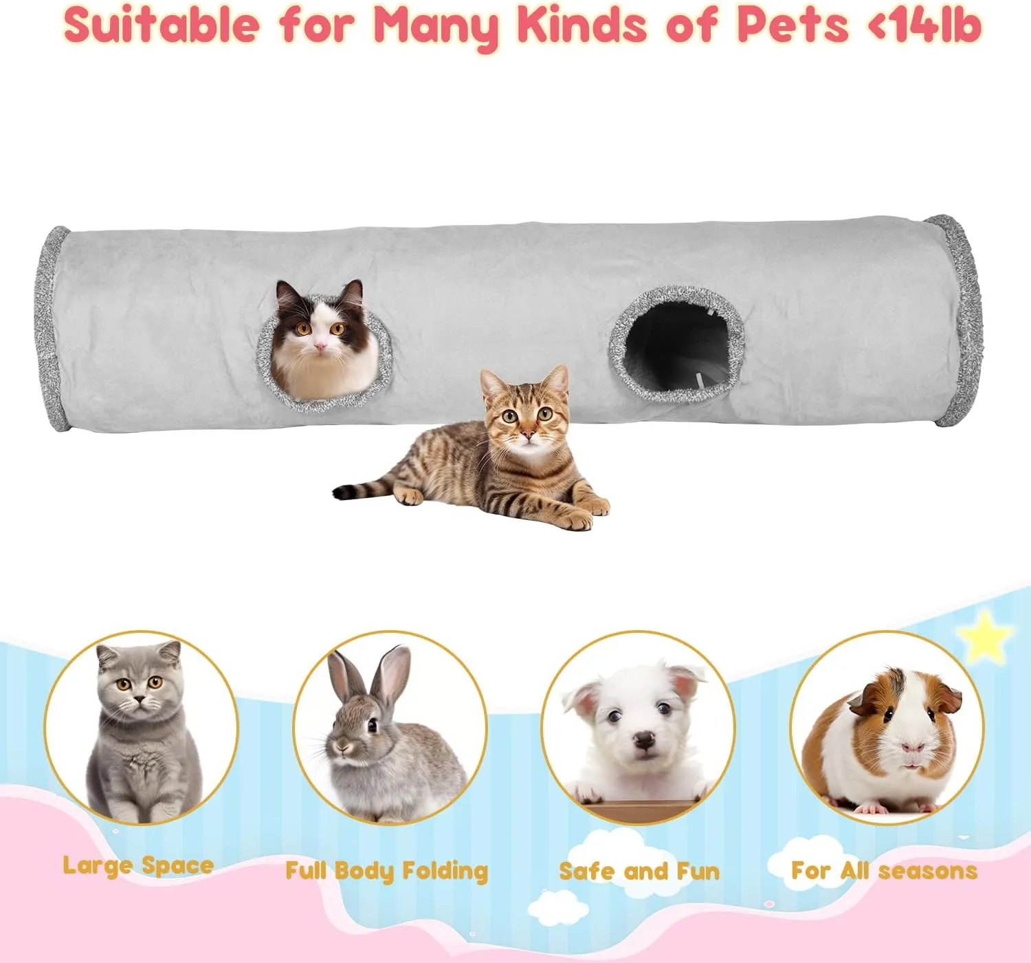 51 Inches Extra Long Cat Tunnels for Indoor Cats, Collapsible Pet Play Tube with Cat Toys and Two Peek Holes, Cat Hideout Hideaway for Big Cats, Kittens, Bunny Rabbits, Ferrets, Puppy