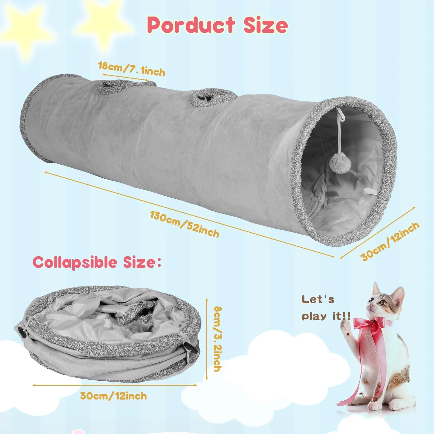 51 Inches Extra Long Cat Tunnels for Indoor Cats, Collapsible Pet Play Tube with Cat Toys and Two Peek Holes, Cat Hideout Hideaway for Big Cats, Kittens, Bunny Rabbits, Ferrets, Puppy