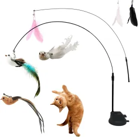 9PCS Cat Feather Wand Toys, 2 Flexible Wands with Super Suction Cup, 3 Natural Bird Feather Refills with Bell, Interactive Fun Toys for Indoor Kittens or Cats, Engaging Playtime for Cats