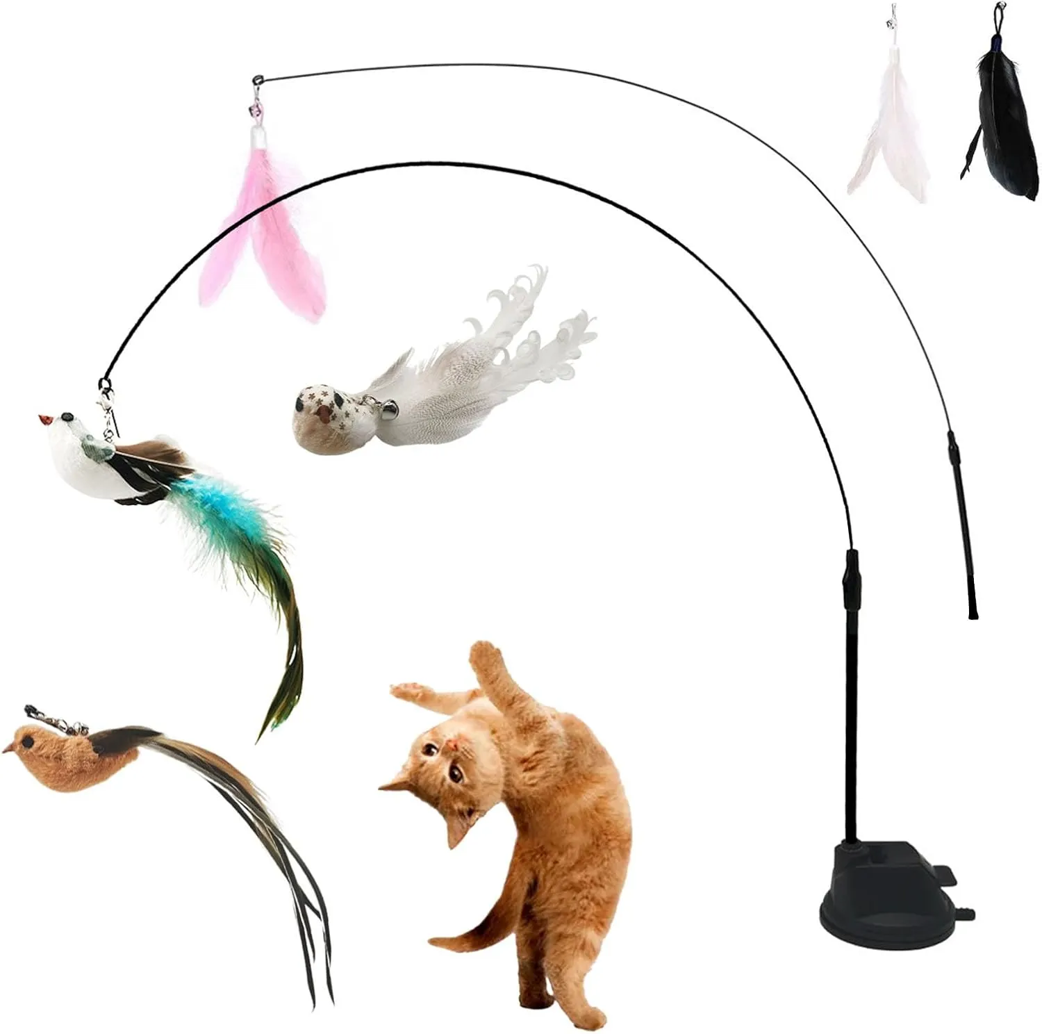 9PCS Cat Feather Wand Toys, 2 Flexible Wands with Super Suction Cup, 3 Natural Bird Feather Refills with Bell, Interactive Fun Toys for Indoor Kittens or Cats, Engaging Playtime for Cats
