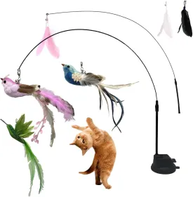 9PCS Flying Bird Cat Toy Set, Interactive Cat Toys with 2 Flexible Wands & Strong Suction Base, 3 Natural Bird Feather Attachments & Bell, Fun Play for Indoor Kittens, Engaging Toy Set