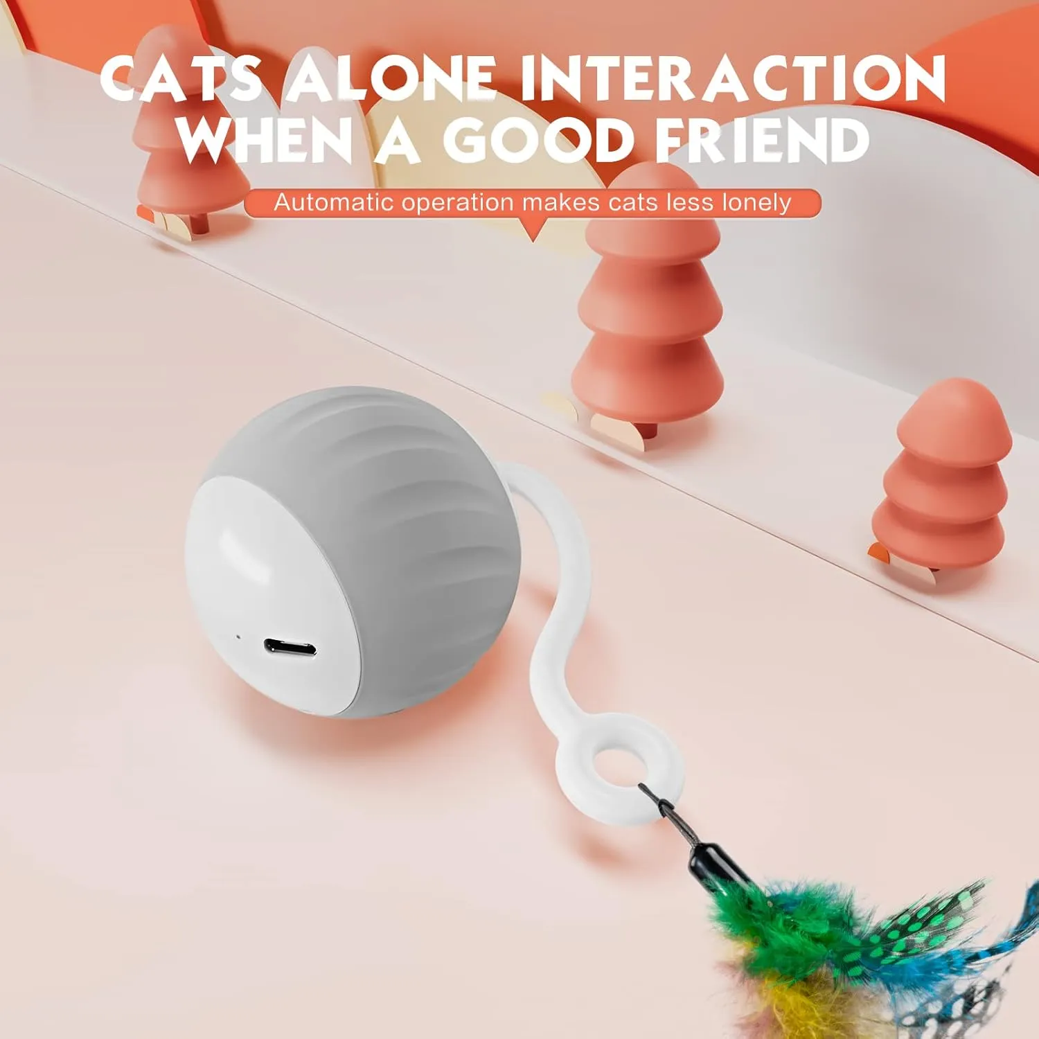AAA AMUSANG Interactive Cat Ball Toy and Feather Toys Refills for Indoor Cats, Automatic Cat Enrichment Toys - Grey