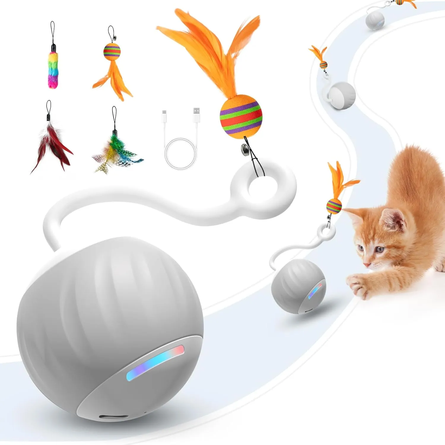 AAA AMUSANG Interactive Cat Ball Toy and Feather Toys Refills for Indoor Cats, Automatic Cat Enrichment Toys - Grey