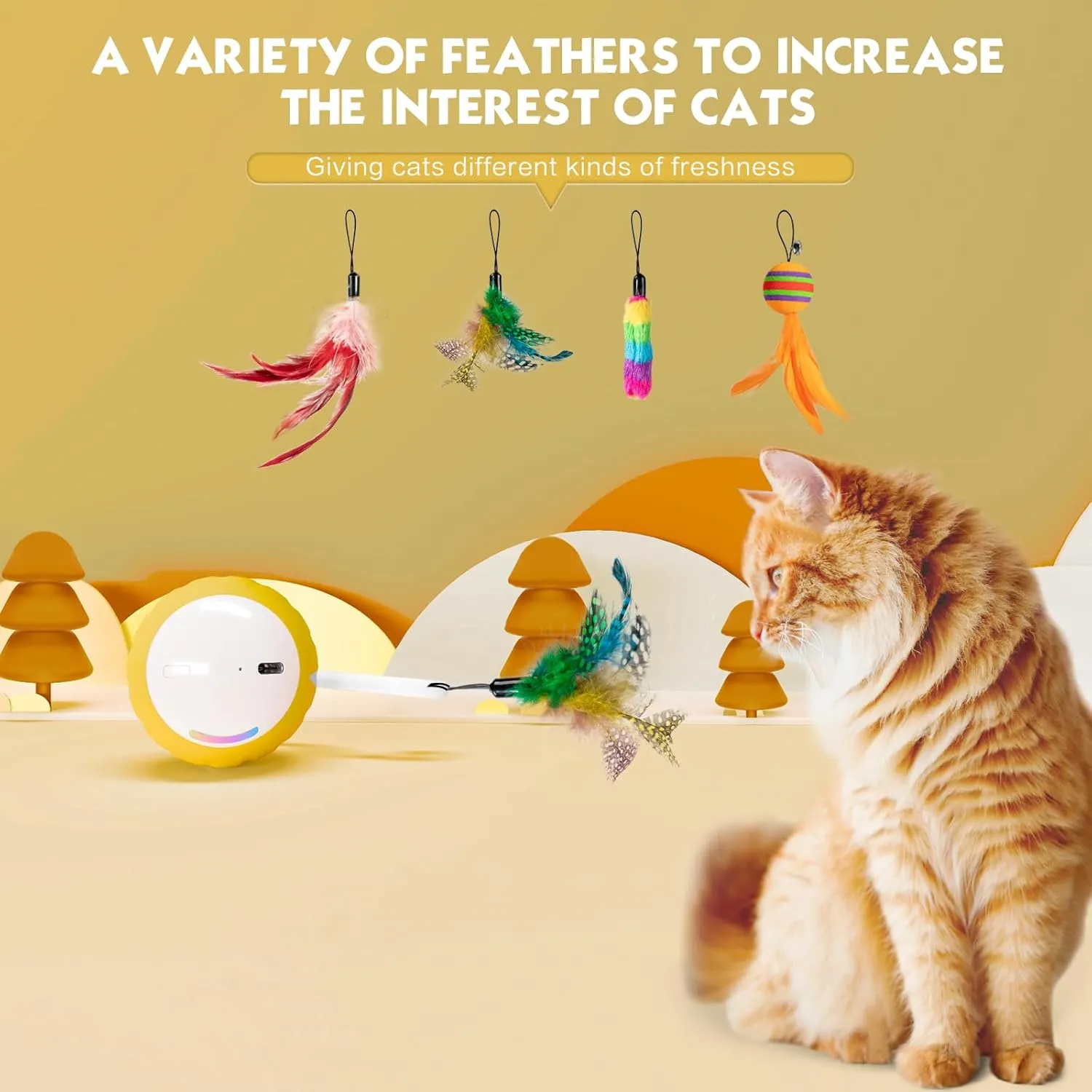 AAA AMUSANG Interactive Cat Ball Toy and Feather Toys Refills for Indoor Cats, Automatic Cat Enrichment Toys - Yellow