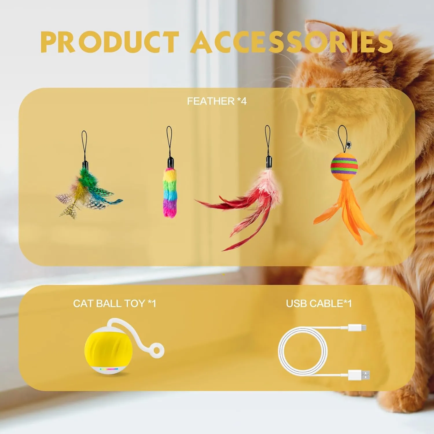 AAA AMUSANG Interactive Cat Ball Toy and Feather Toys Refills for Indoor Cats, Automatic Cat Enrichment Toys - Yellow