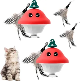 Aerbee Interactive Cat Toys with Suction Cup, 2Pcs Cute Mushroom Shape Cat Toys for Indoor Cats, Interactive Detachable Realistic Feather Replacement with Bells Pet Toys for Adult Kitten Exercise, Red
