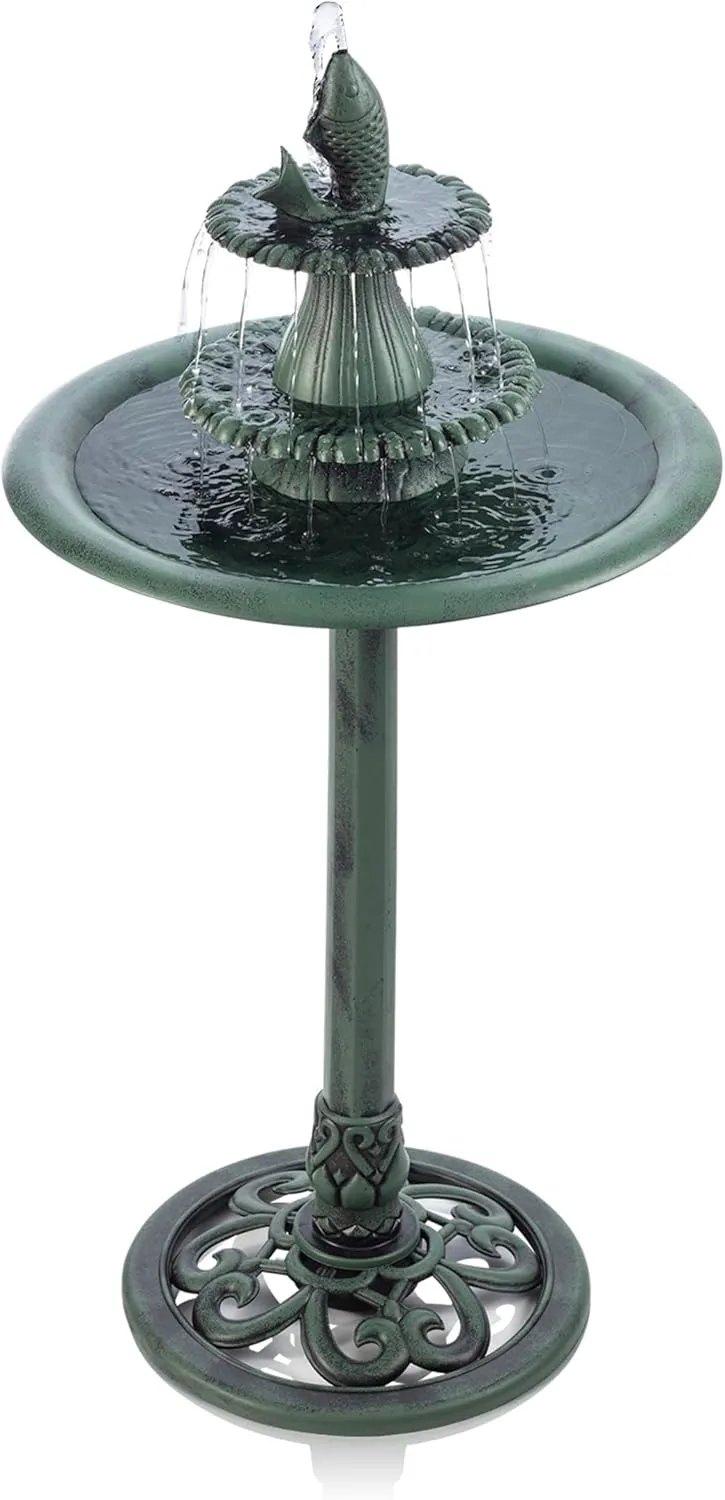 Alpine Corporation TEC104 Outdoor Floor 3-Tiered Pedestal Soothing Cascading Waterfall Fountain with Birdbath, 40", Green