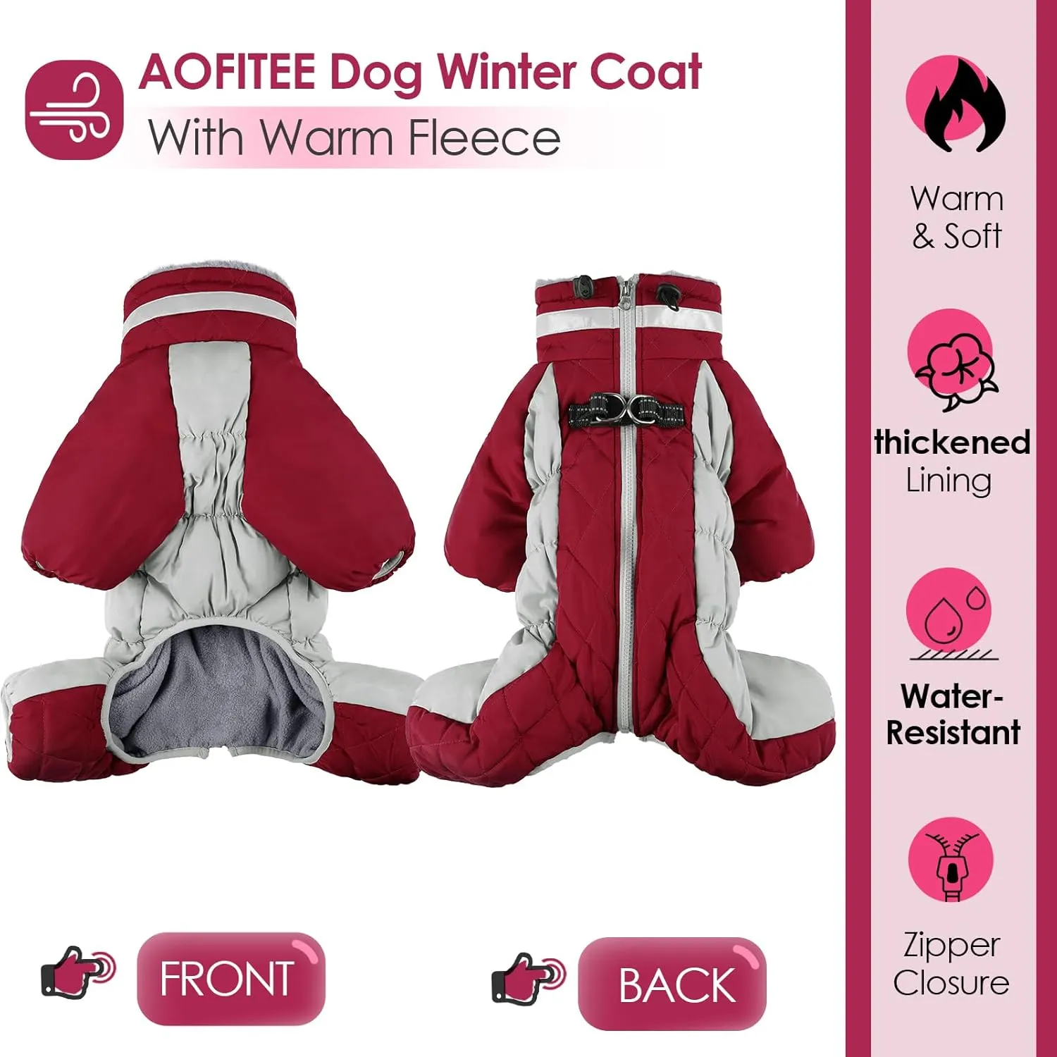 AOFITEE Fullbody Dog Jacket, Windproof Winter Coat with Built-In Harness, Reflective Turtleneck Snowsuit, Puffer Coat for Small to Large Dogs