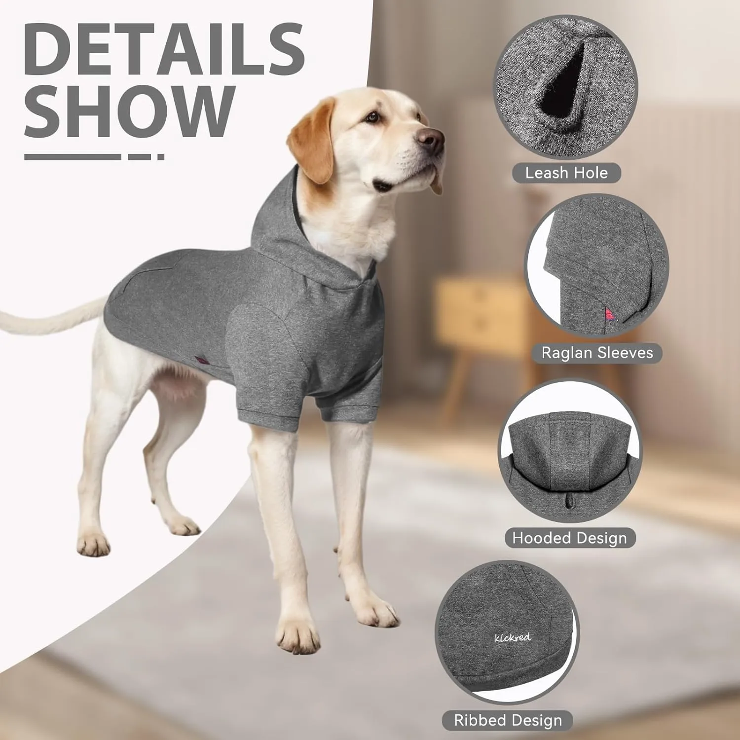 Basic Dog Hoodie Sweatshirts, Pet Clothes Hoodies Sweater with Hat and Leash Hole, Warm Outfit Coat for Large Medium Small Dogs, Dark Grey (Large)