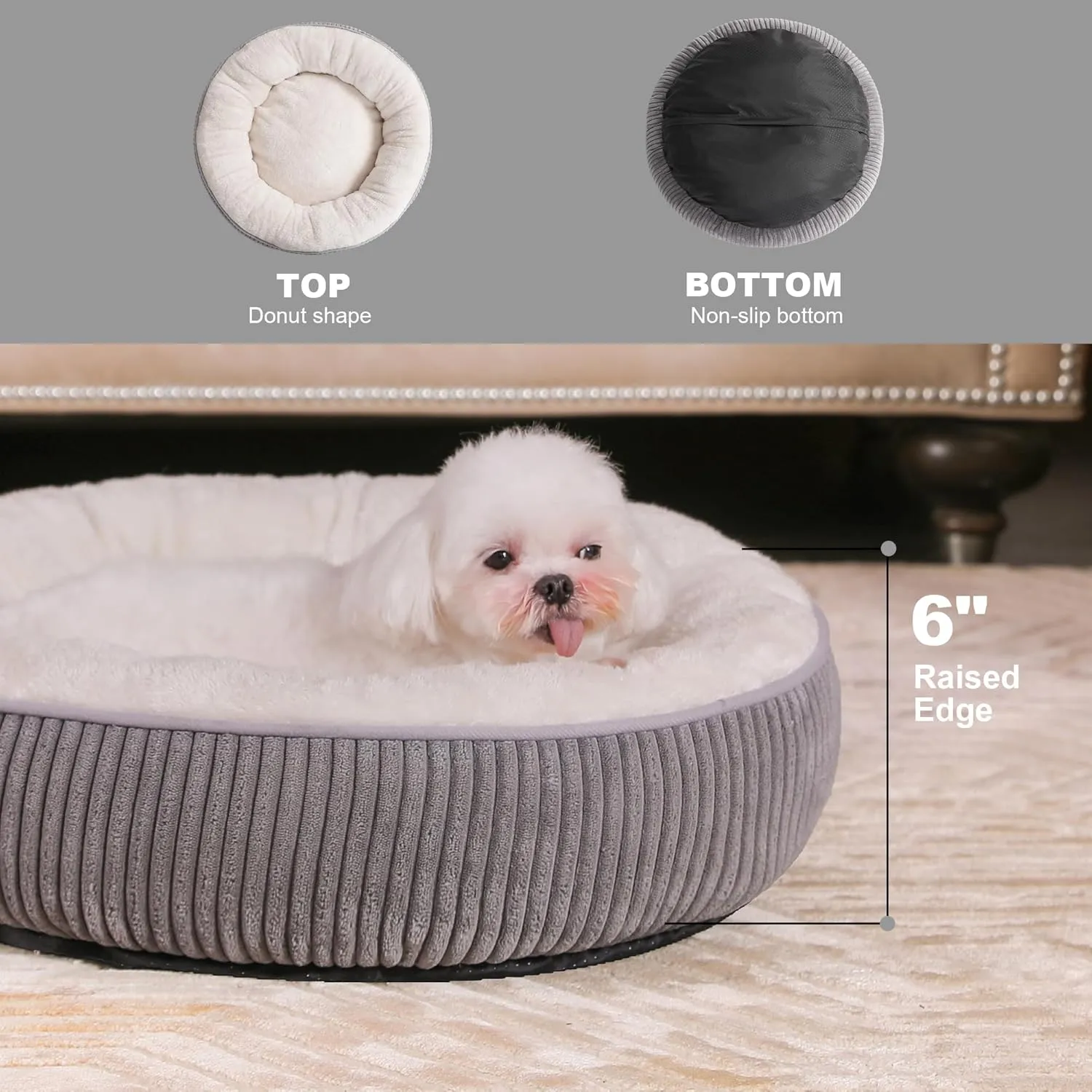 Bedfolks Donut Cat and Dog Bed,20 Inches Calming Round Dog Beds for Small Dogs,Washable Anti Anxiety Cuddler Puppy Bed with Non-Slip Bottom(Dark Grey,XS)