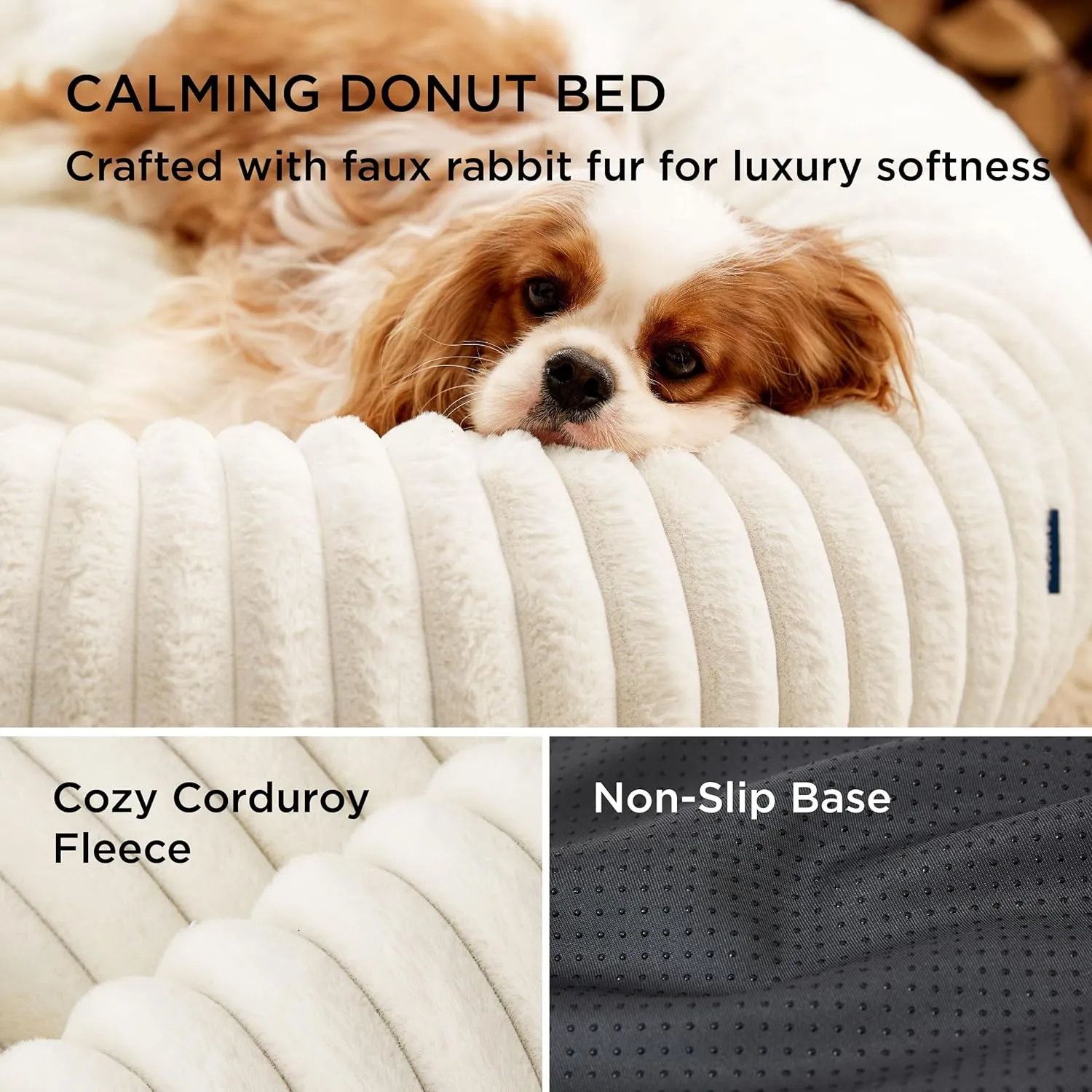 Bedsure Donut Small Dog Bed - Dog Beds for Small Dogs with Corduroy Fleece & Anti Slip Bottom, Round Faux Fur Pet Beds with Washable Removable Cover, Cream, 23x23x8 inches