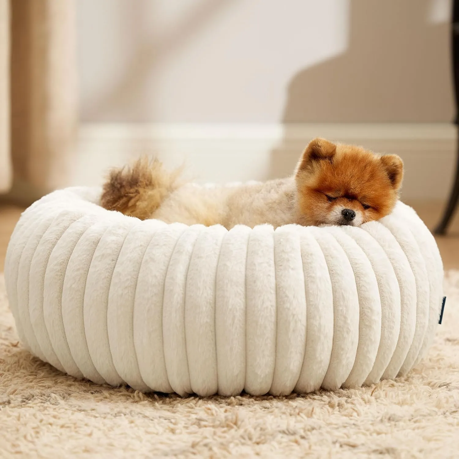 Bedsure Donut Small Dog Bed - Dog Beds for Small Dogs with Corduroy Fleece & Anti Slip Bottom, Round Faux Fur Pet Beds with Washable Removable Cover, Cream, 23x23x8 inches