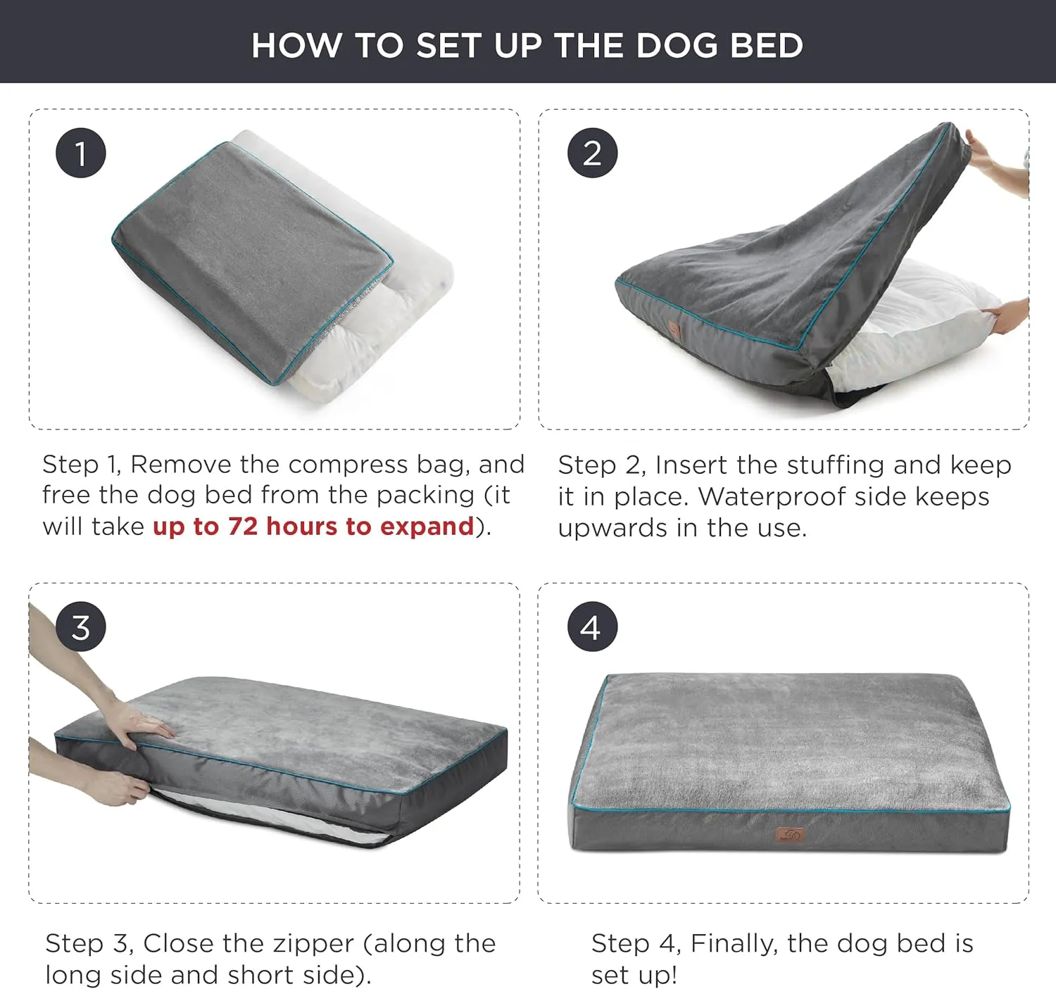 Bedsure Waterproof Dog Beds for Large Dogs - 4 Inch Thicken Up to 80lbs Pet Mat Pillows with Removable Washable Cover, Grey
