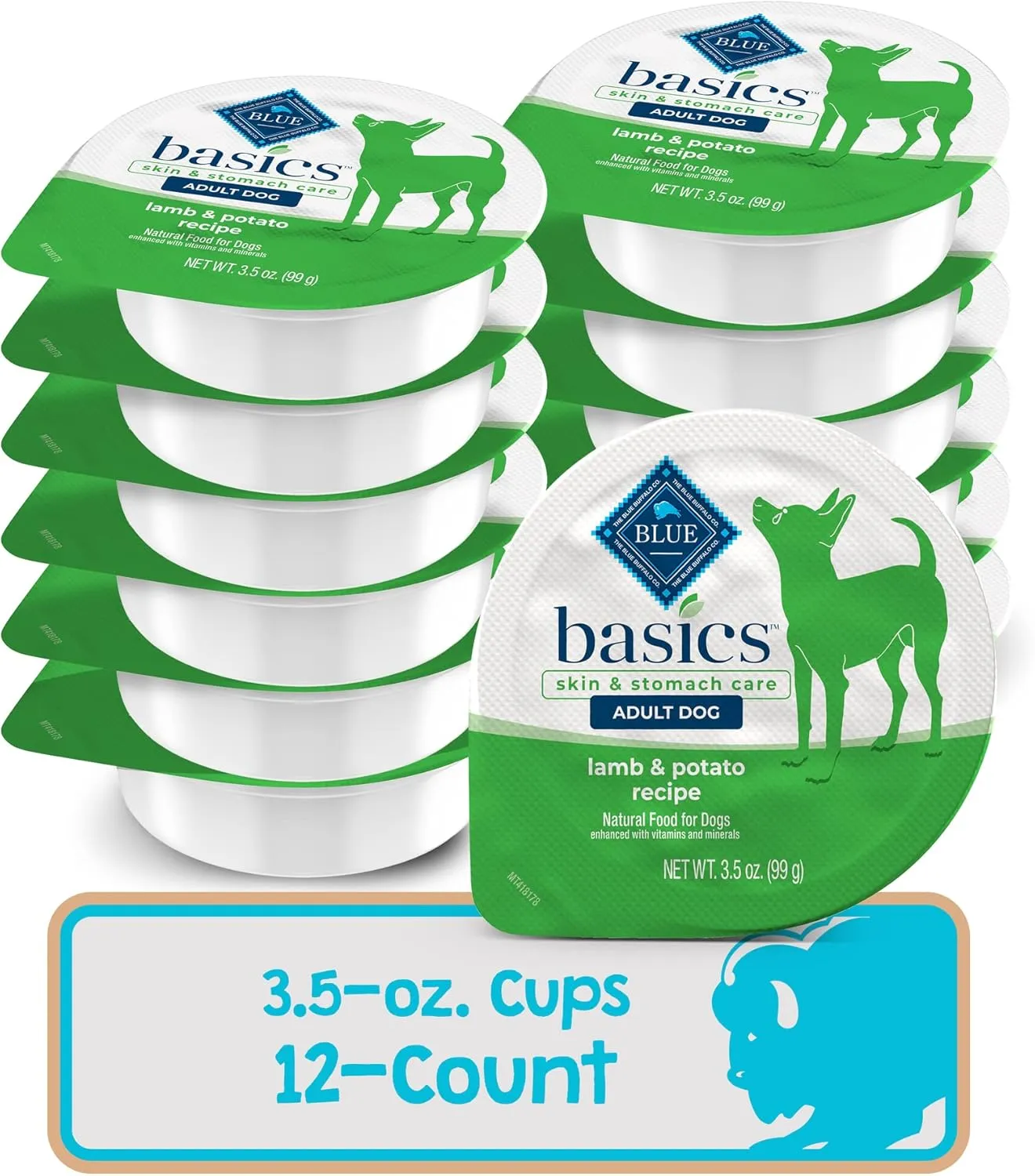 Blue Buffalo Basics Adult Small Breed Grain-Free Wet Dog Food for Skin & Stomach Care, Limited Ingredient Diet, Lamb Recipe, 3.5-oz. Cups (12 Count)