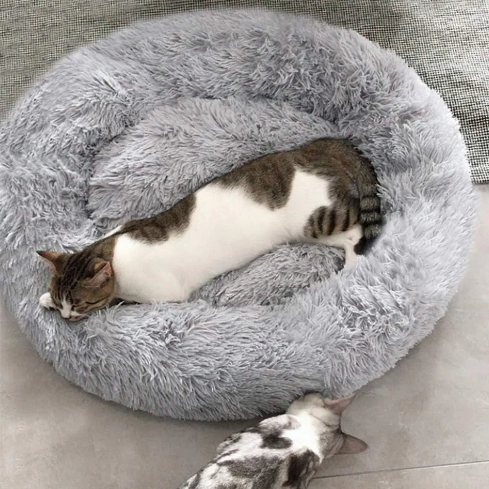 BODISEINT Faux Fur Dog Bed, Shag Round Anti-Anxiety Pet Calming Doughnut Cuddler for Medium Large Puppy Dog Cat Kennel Cushion - Self Warming (28'' D x 8" H, Light Grey)