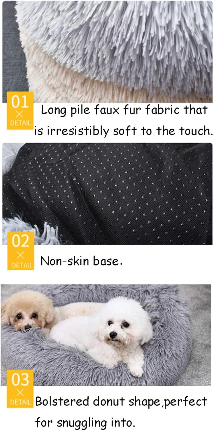 BODISEINT Faux Fur Dog Bed, Shag Round Anti-Anxiety Pet Calming Doughnut Cuddler for Medium Large Puppy Dog Cat Kennel Cushion - Self Warming (28'' D x 8" H, Light Grey)