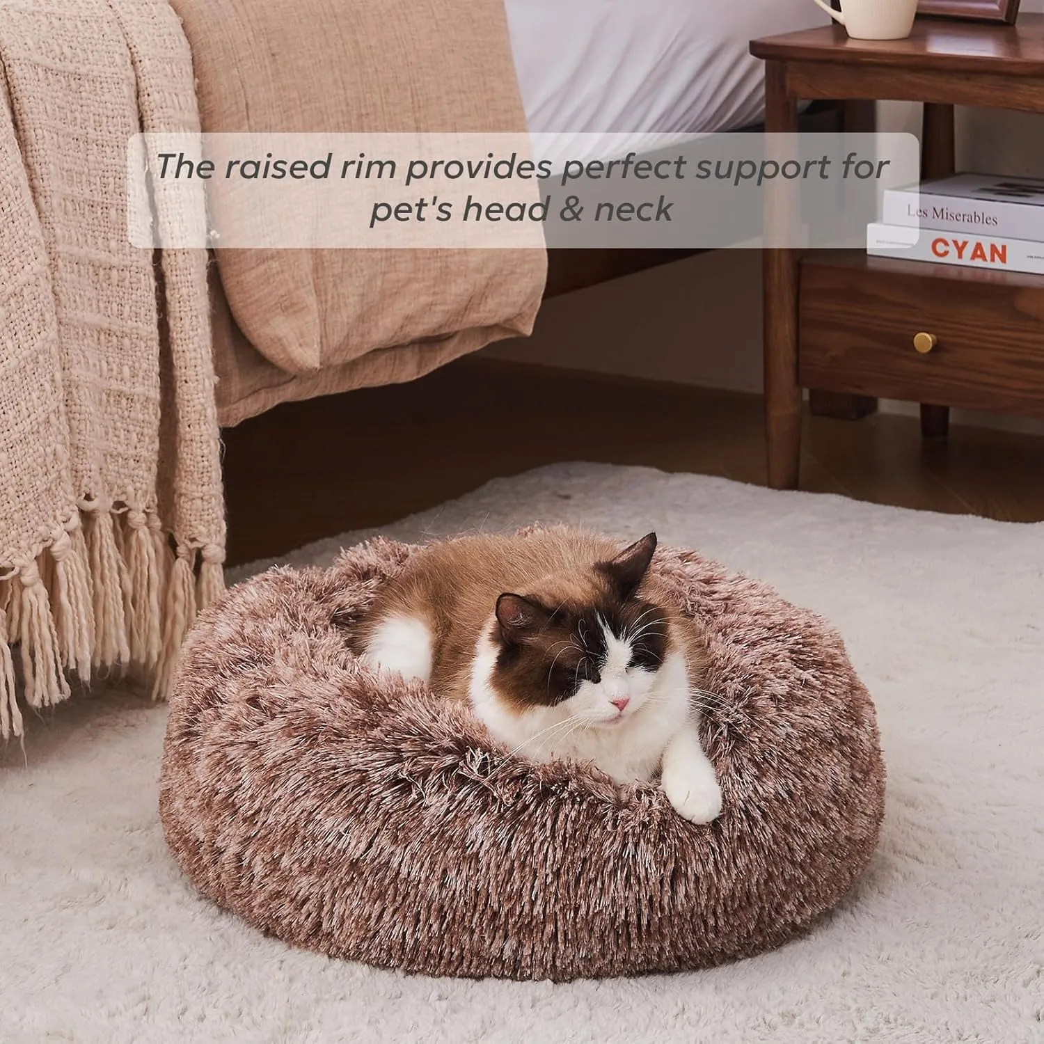 Calming Cat Beds for Indoor Cats, Extra Small Dog Bed Washable, Anti-Anxiety Donut Fluffy Plush Faux Fur Pet Bed, Fits up to 11 lbs Small Dog & Cat (Brown, 20")