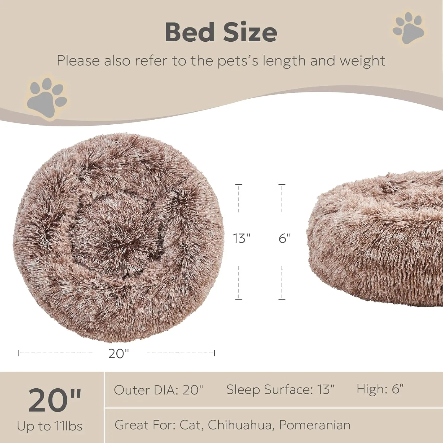 Calming Cat Beds for Indoor Cats, Extra Small Dog Bed Washable, Anti-Anxiety Donut Fluffy Plush Faux Fur Pet Bed, Fits up to 11 lbs Small Dog & Cat (Brown, 20")