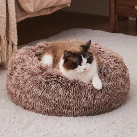 Calming Cat Beds for Indoor Cats, Extra Small Dog Bed Washable, Anti-Anxiety Donut Fluffy Plush Faux Fur Pet Bed, Fits up to 11 lbs Small Dog & Cat (Brown, 20")