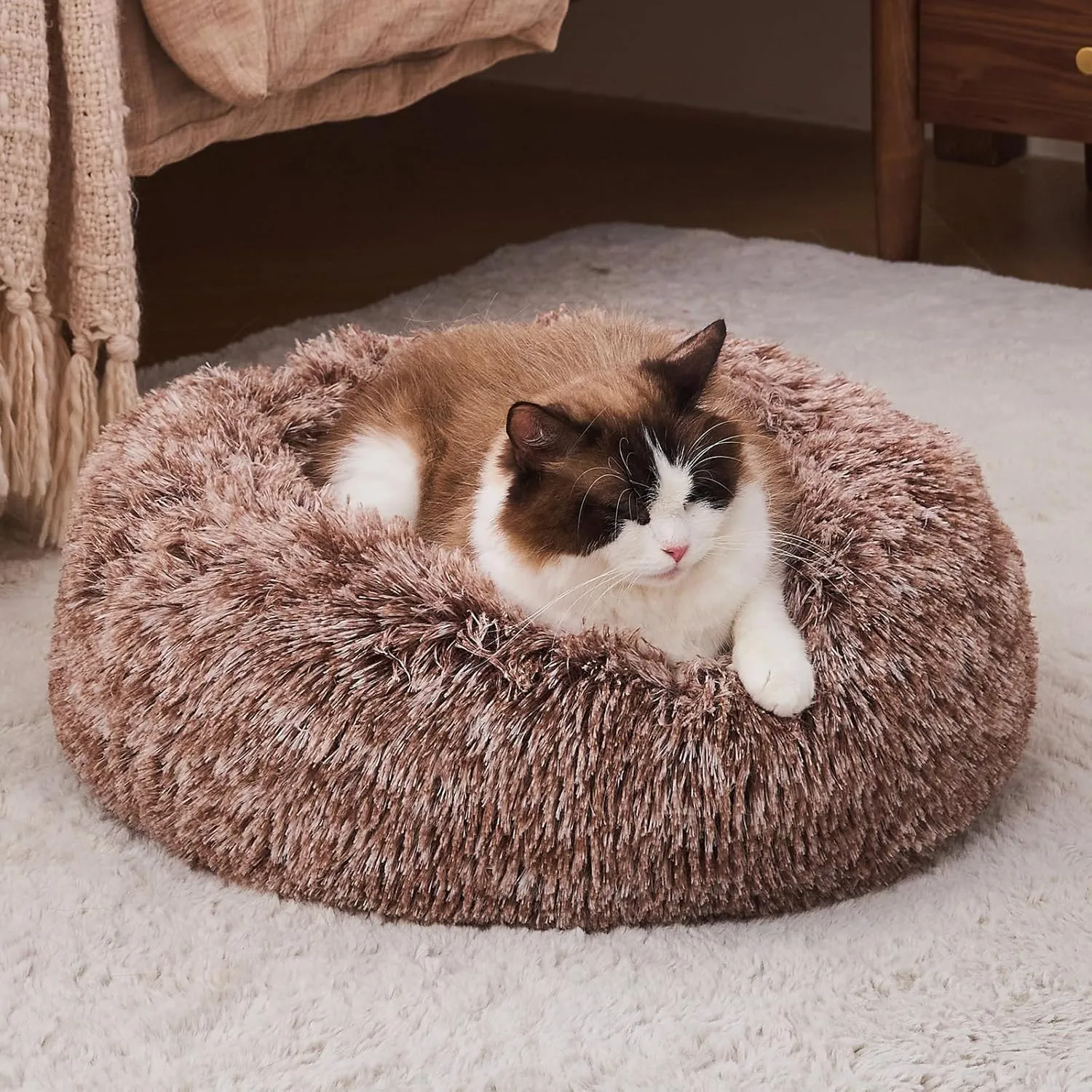 Calming Cat Beds for Indoor Cats, Extra Small Dog Bed Washable, Anti-Anxiety Donut Fluffy Plush Faux Fur Pet Bed, Fits up to 11 lbs Small Dog & Cat (Brown, 20")