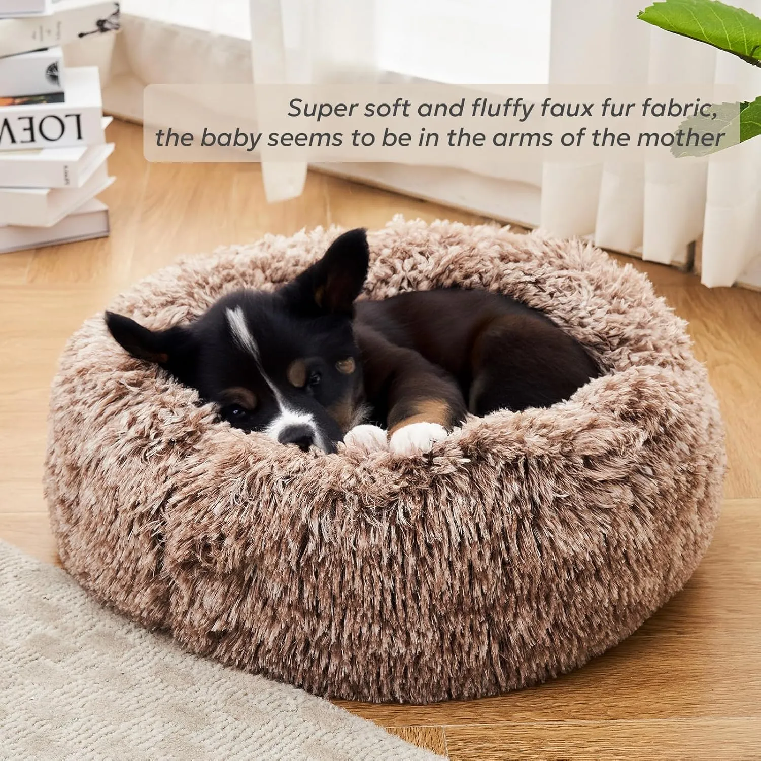 Calming Cat Beds for Indoor Cats, Extra Small Dog Bed Washable, Anti-Anxiety Donut Fluffy Plush Faux Fur Pet Bed, Fits up to 11 lbs Small Dog & Cat (Brown, 20")