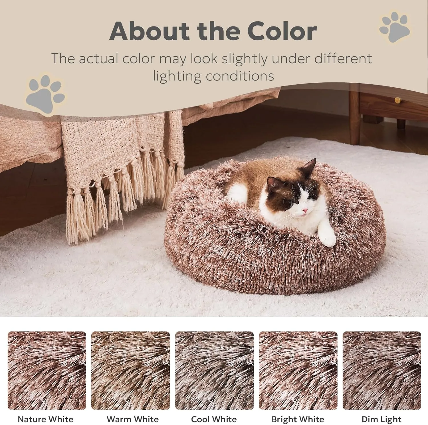 Calming Cat Beds for Indoor Cats, Extra Small Dog Bed Washable, Anti-Anxiety Donut Fluffy Plush Faux Fur Pet Bed, Fits up to 11 lbs Small Dog & Cat (Brown, 20")