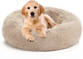 Calming Dog & Cat Bed, Anti-Anxiety Donut Cuddler, Warming Cozy Soft Pet Puppy Round Bed, Fluffy Faux Fur Plush Cushion, 20" Brown